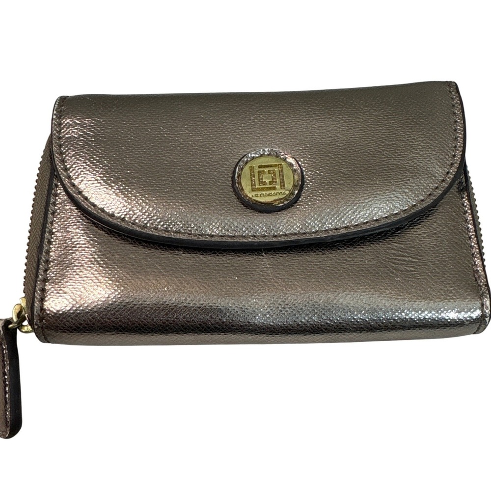 Liz Claiborne Metallic Pewter Wallet Pink‎ Interior Zip Around Snap  Organizer